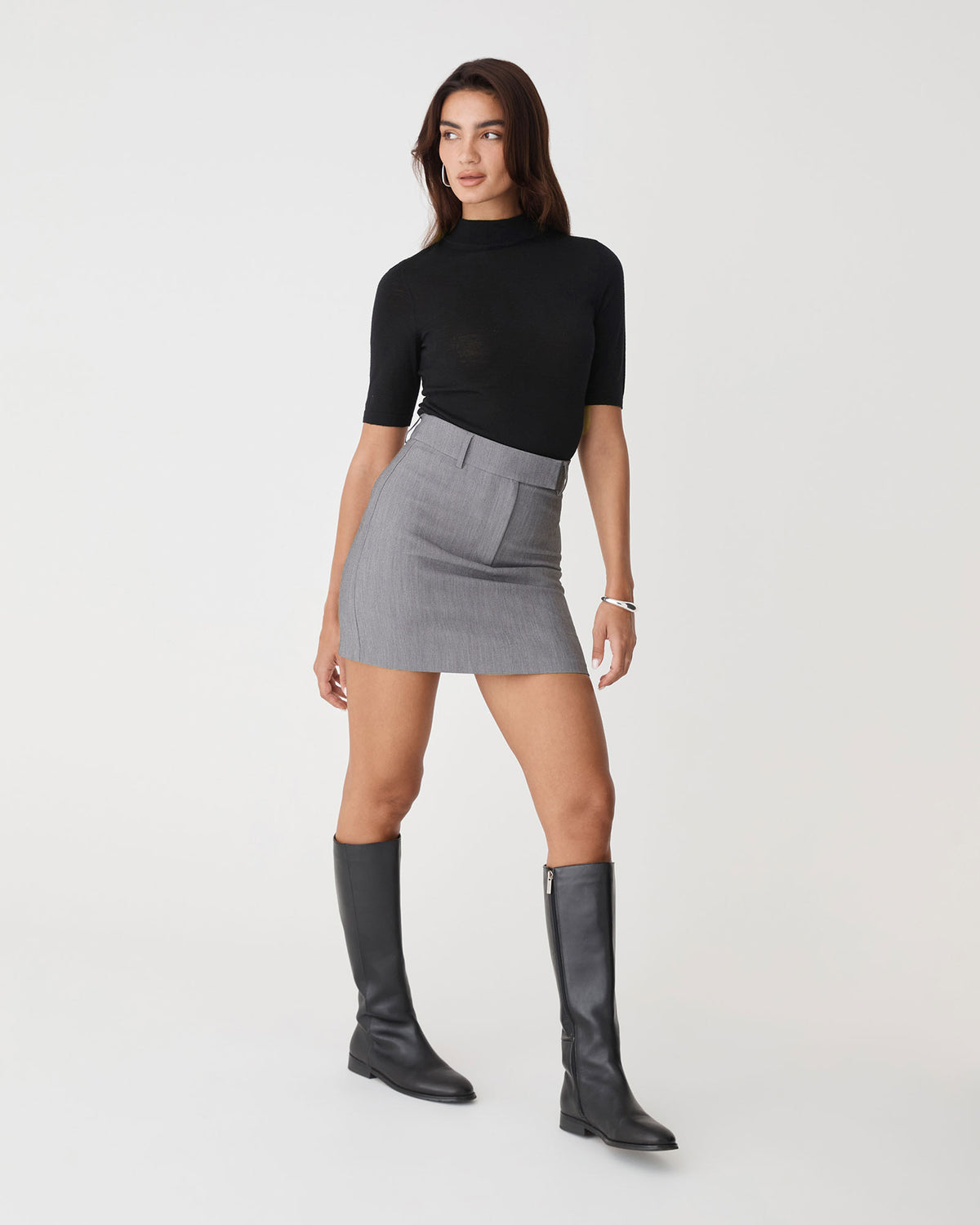 Nikki Straight Mini Skirt in melange grey — full-length view 3