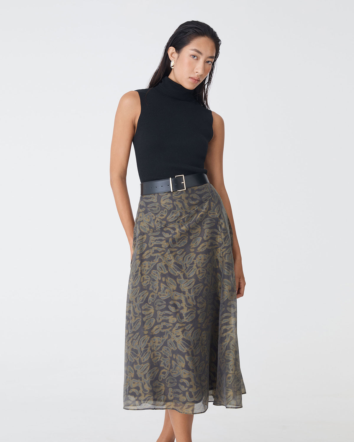 Imogen Printed Panel Skirt in olive abstract — close-up view