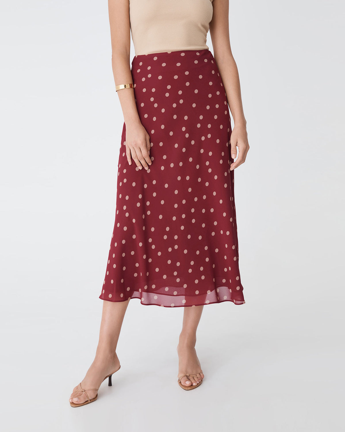 Lottie Printed Skirt in deep red spot — close-up view