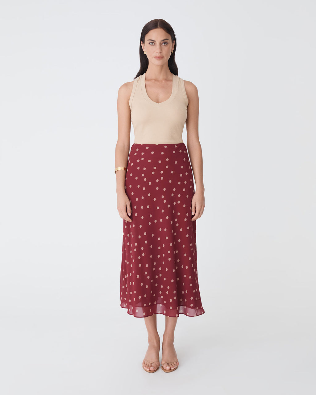 Lottie Printed Skirt in deep red spot — full-length view 2