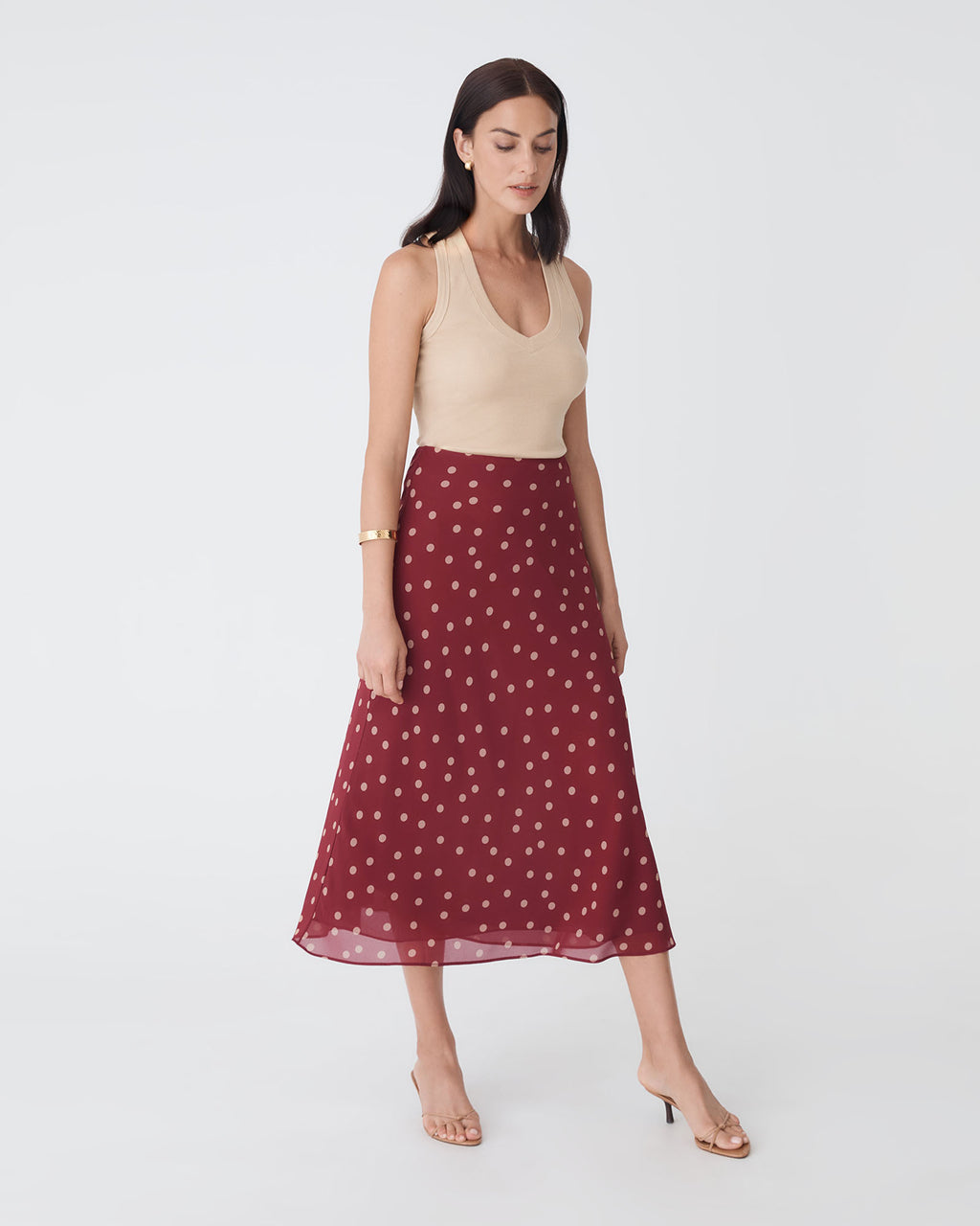 Lottie Printed Skirt in deep red spot — side view