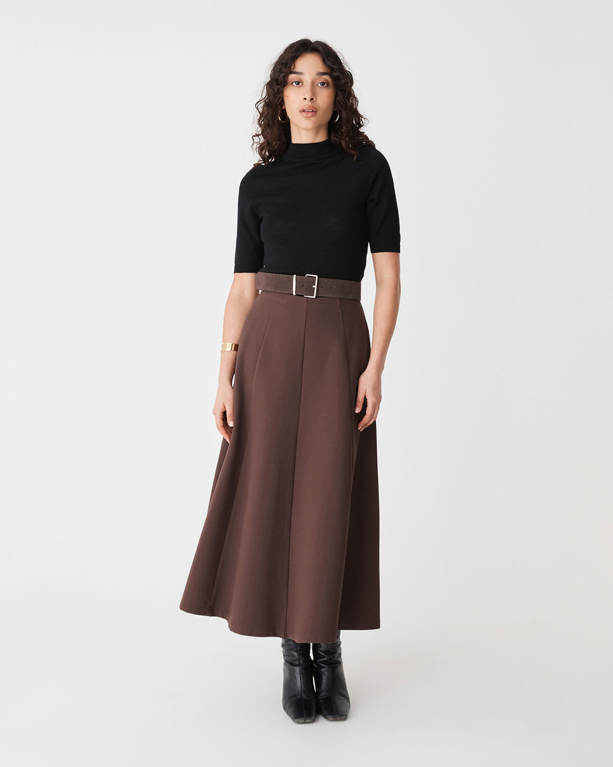 Janice A-Line Ponte Skirt in chocolate — full-length view