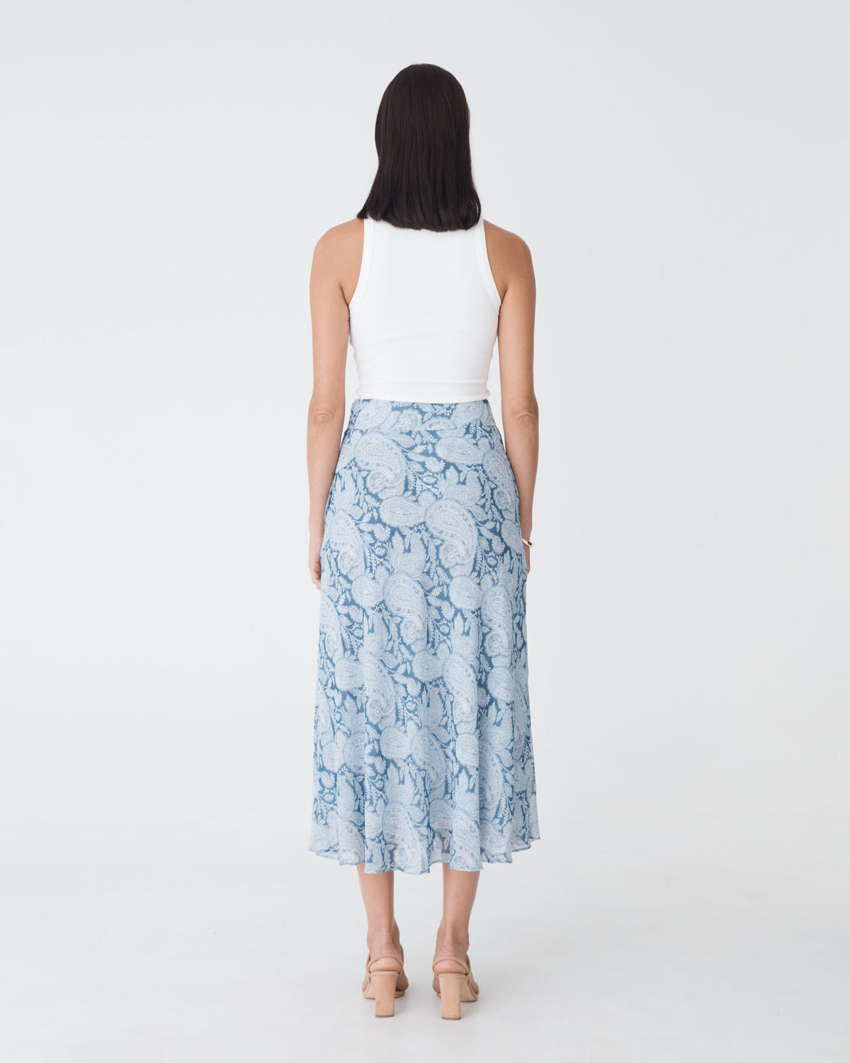 Angie A-Line Skirt in blue paisley — back view