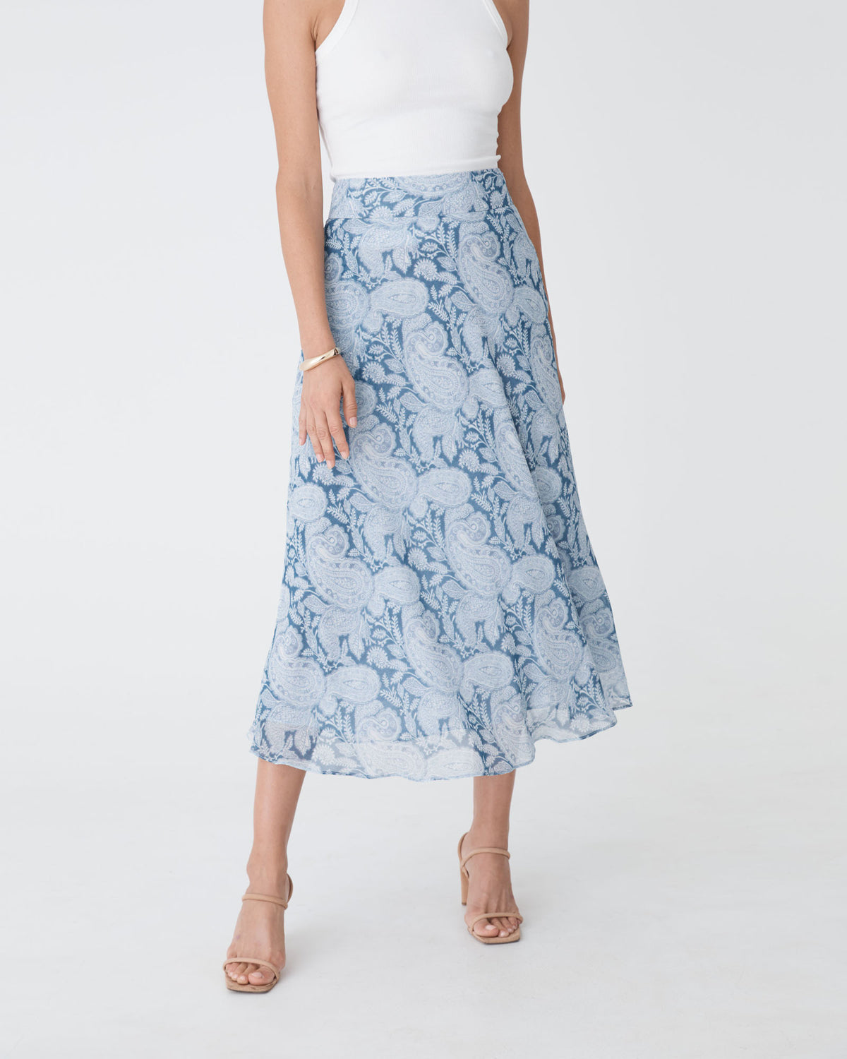 Angie A-Line Skirt in blue paisley — close-up view
