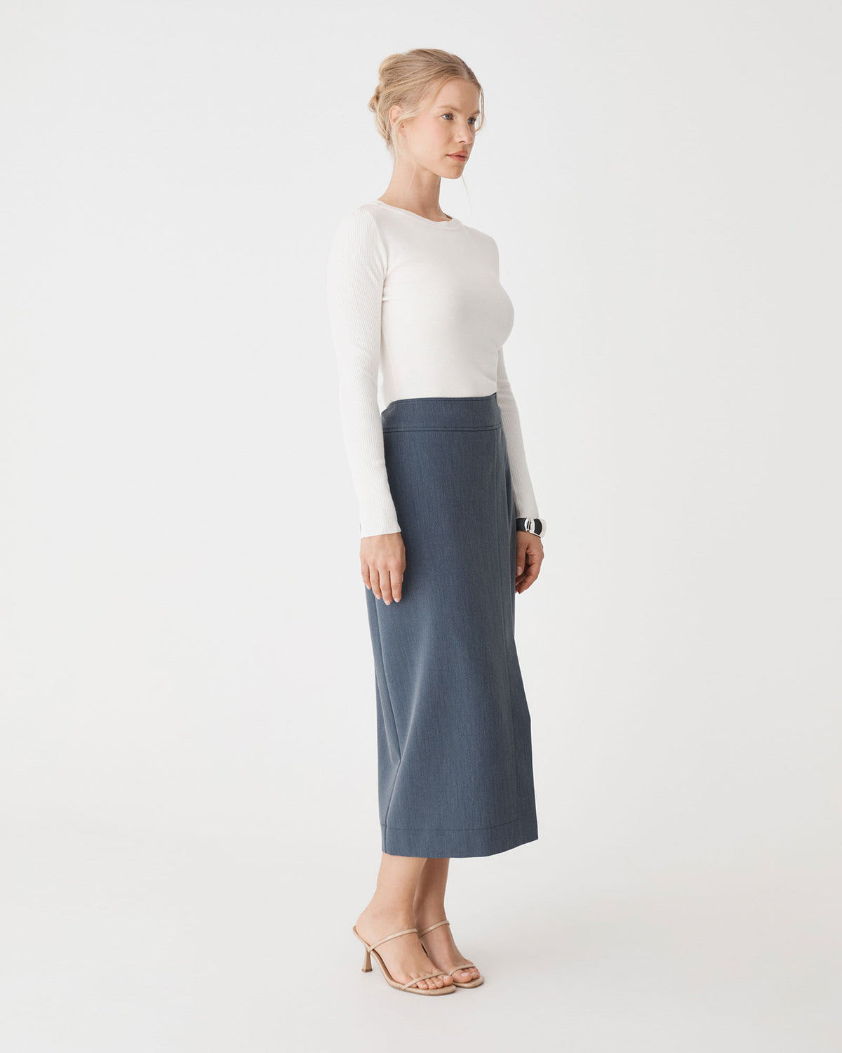 Lydia Faux Wrap Skirt in denim blue — side view