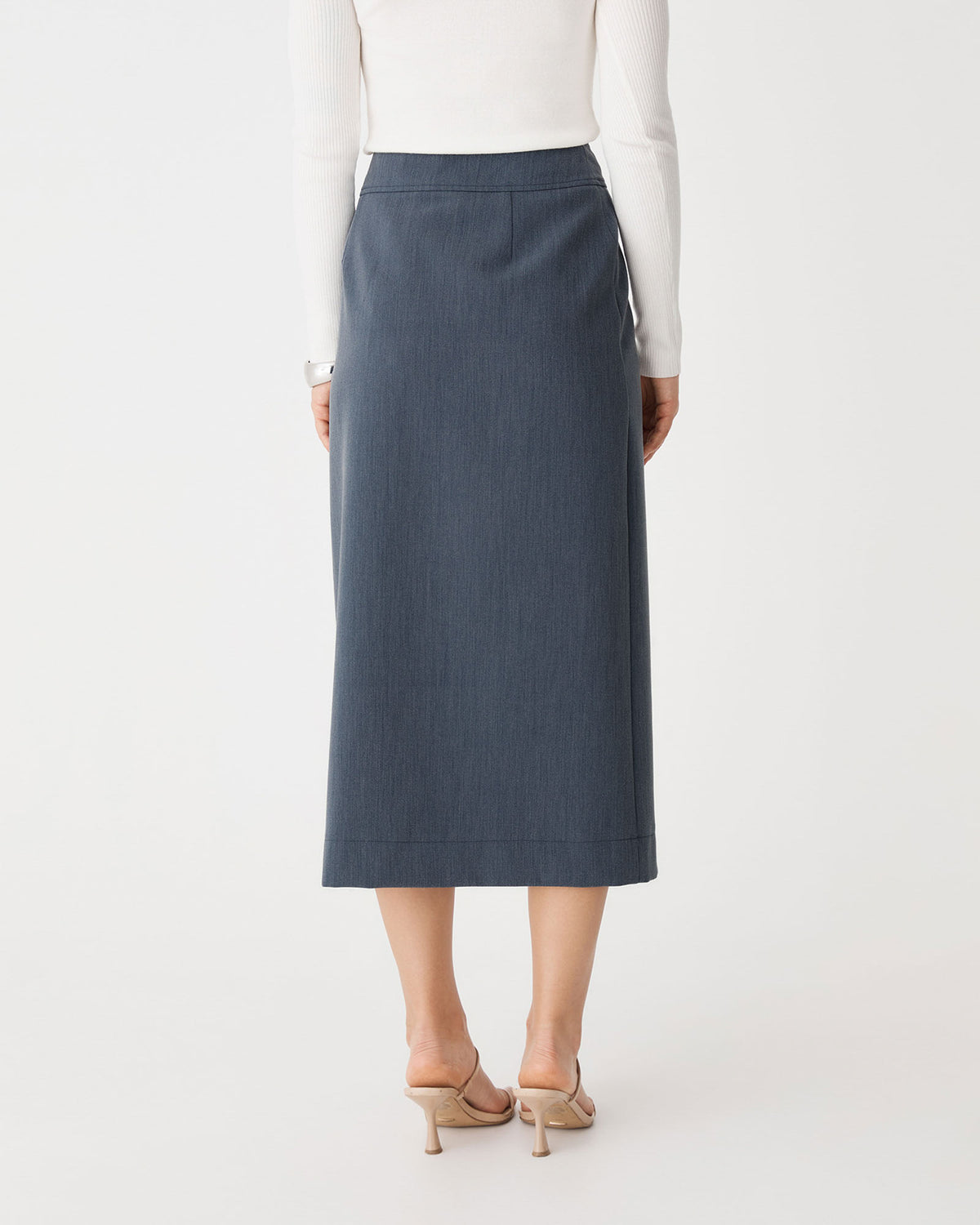 Lydia Faux Wrap Skirt in denim blue — back view