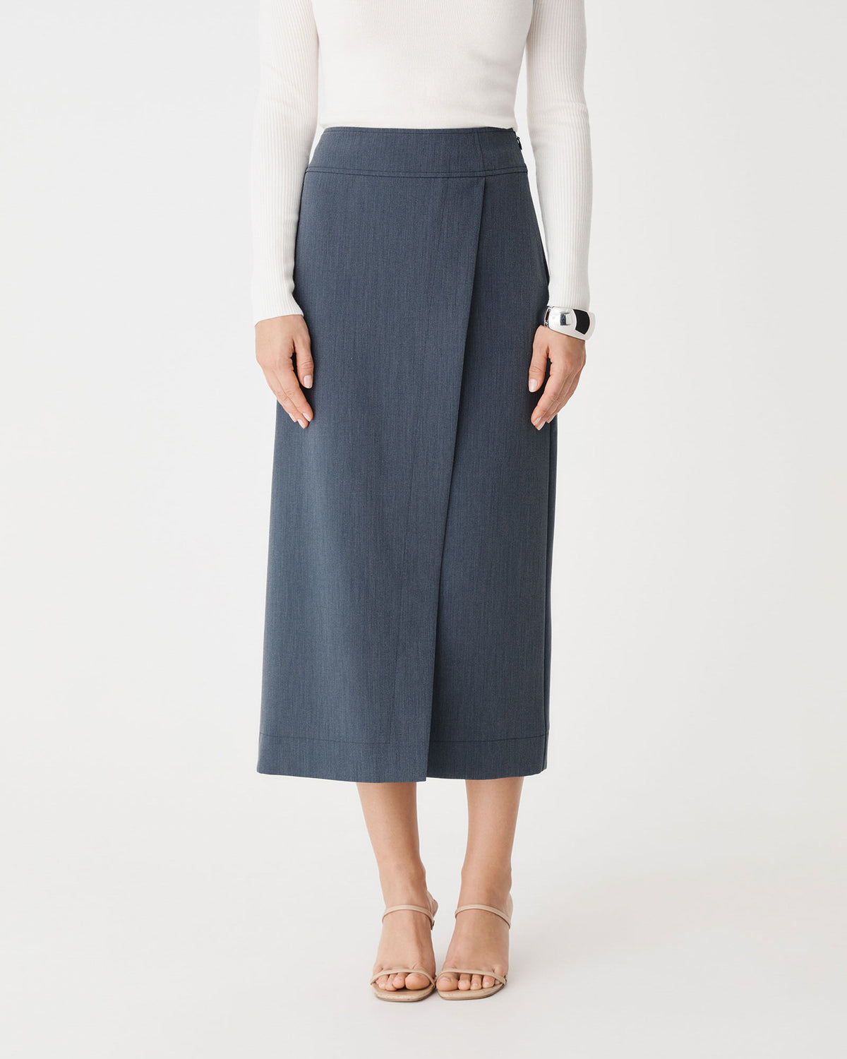 Lydia Faux Wrap Skirt in denim blue — close-up view