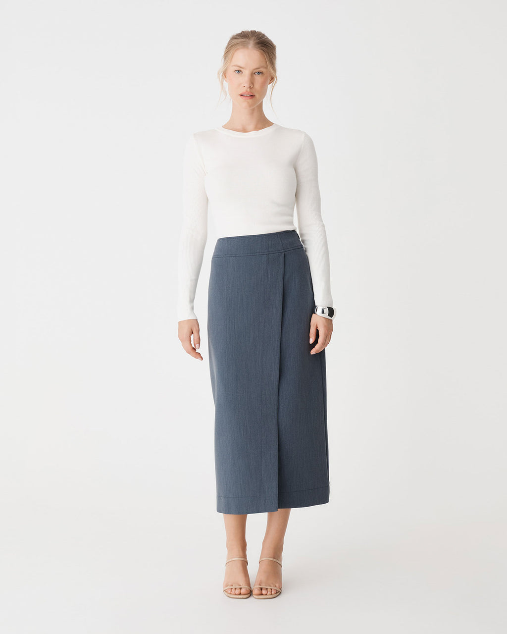 Lydia Faux Wrap Skirt in denim blue — full-length view