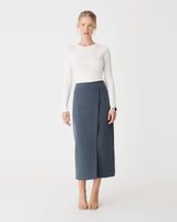 Lydia Faux Wrap Skirt in denim blue — full-length view