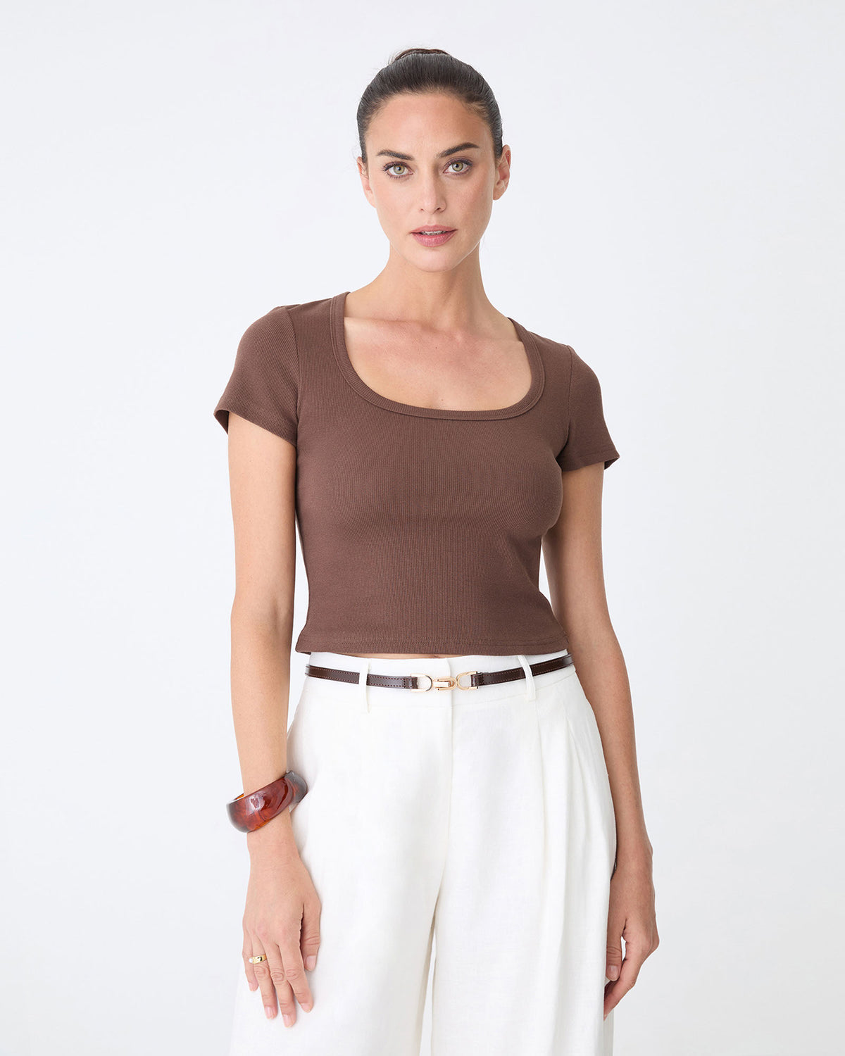 Devon Scoop Neck Rib Tee in chocolate — close-up view