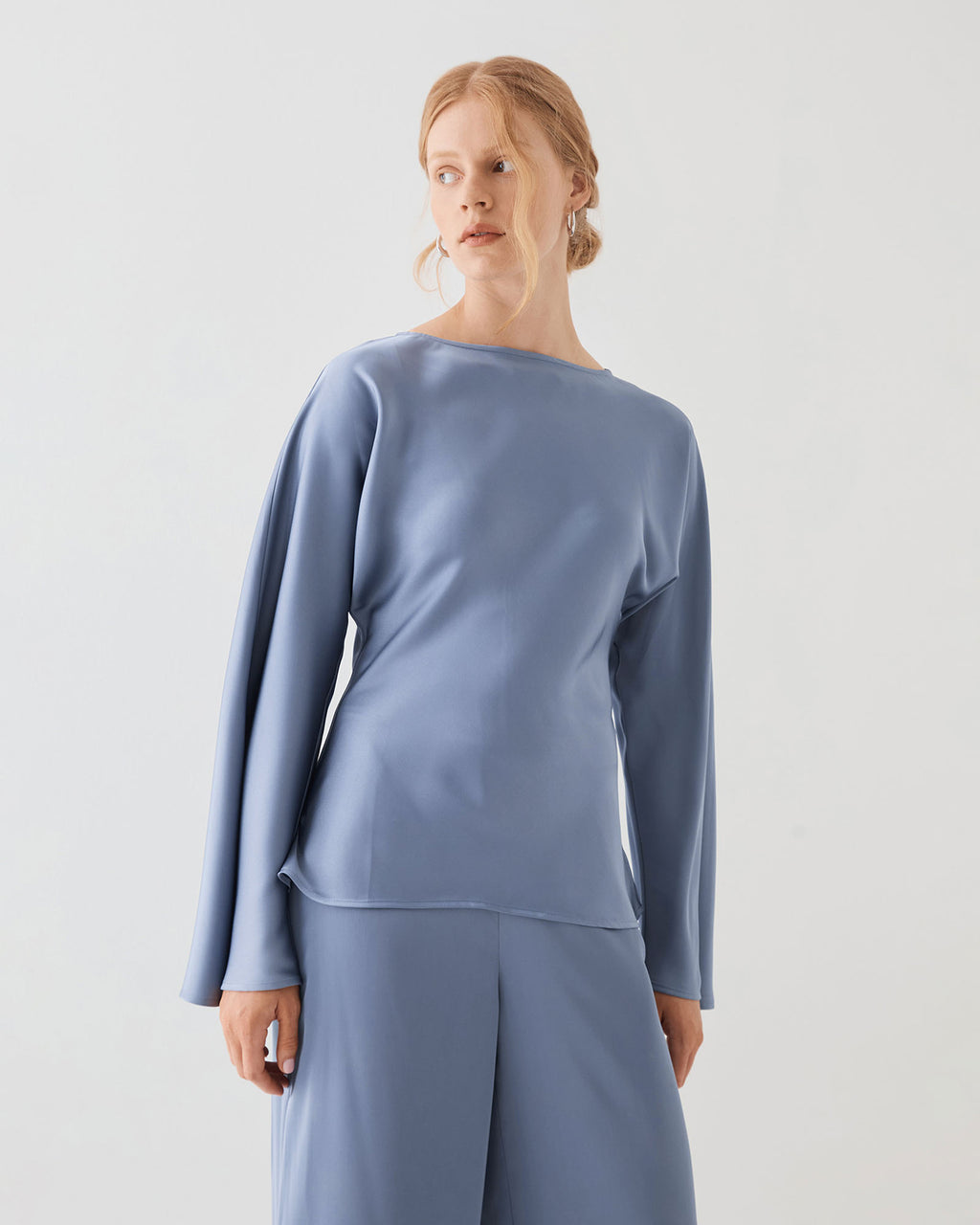 Asma Satin Bias Top in slate blue — close-up view