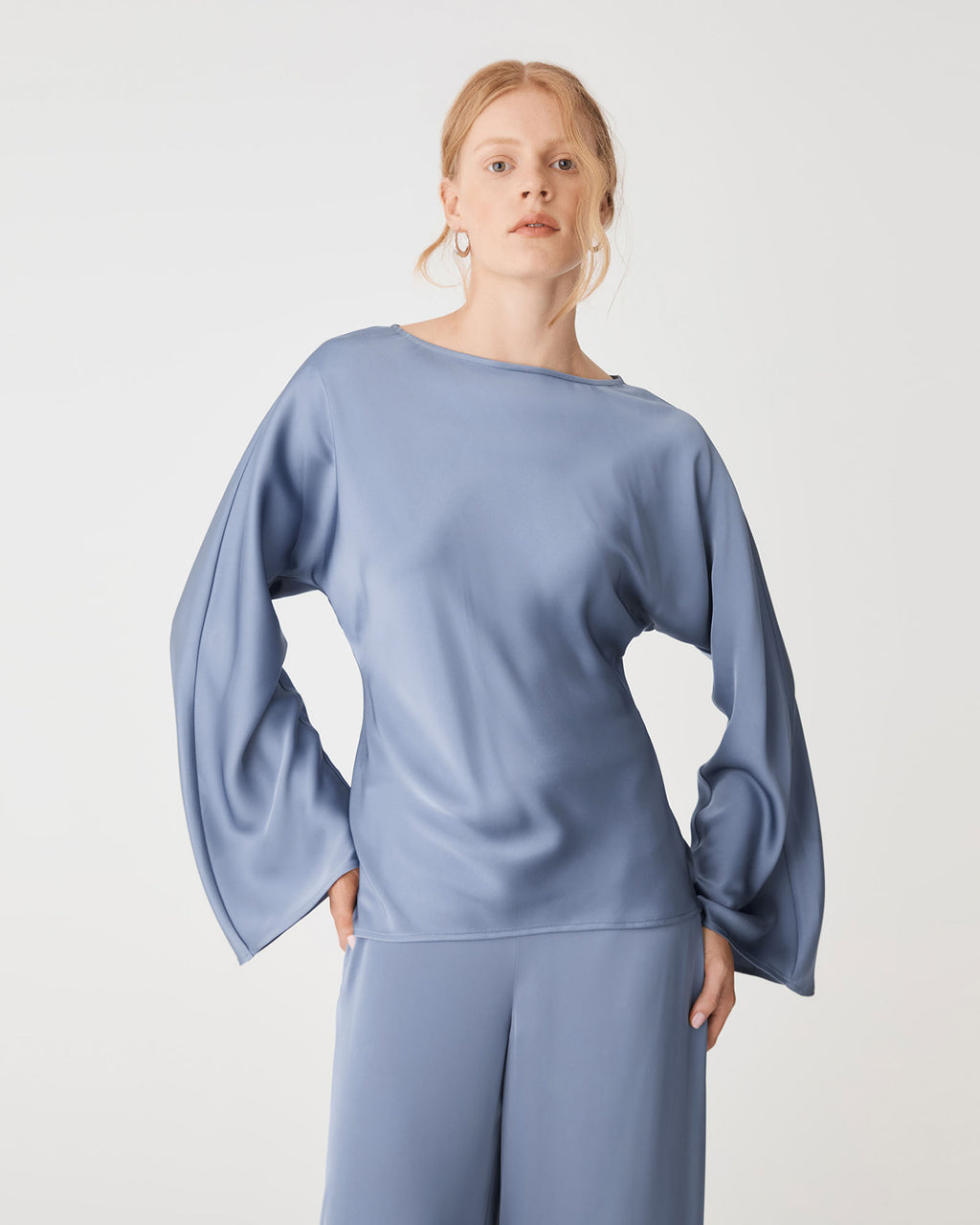 Asma Satin Bias Top in slate blue — close-up view 2