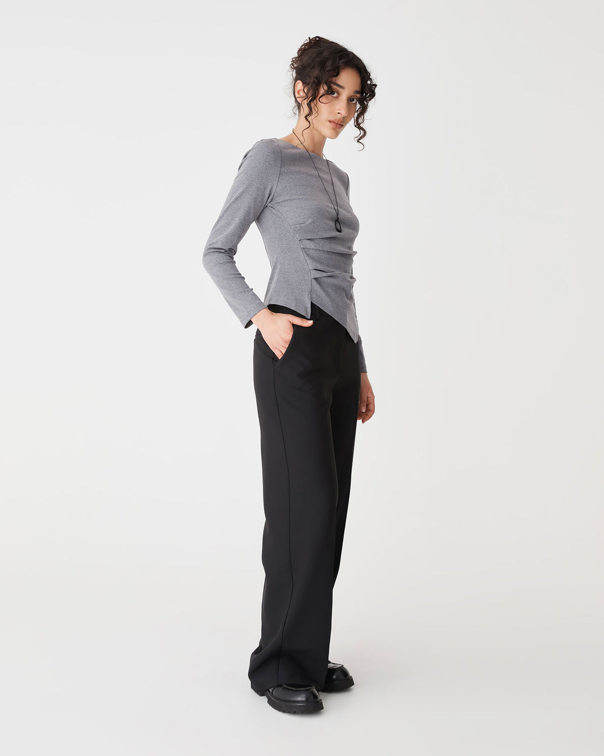 Calia Asymmetric Knit Top in grey marle — side view