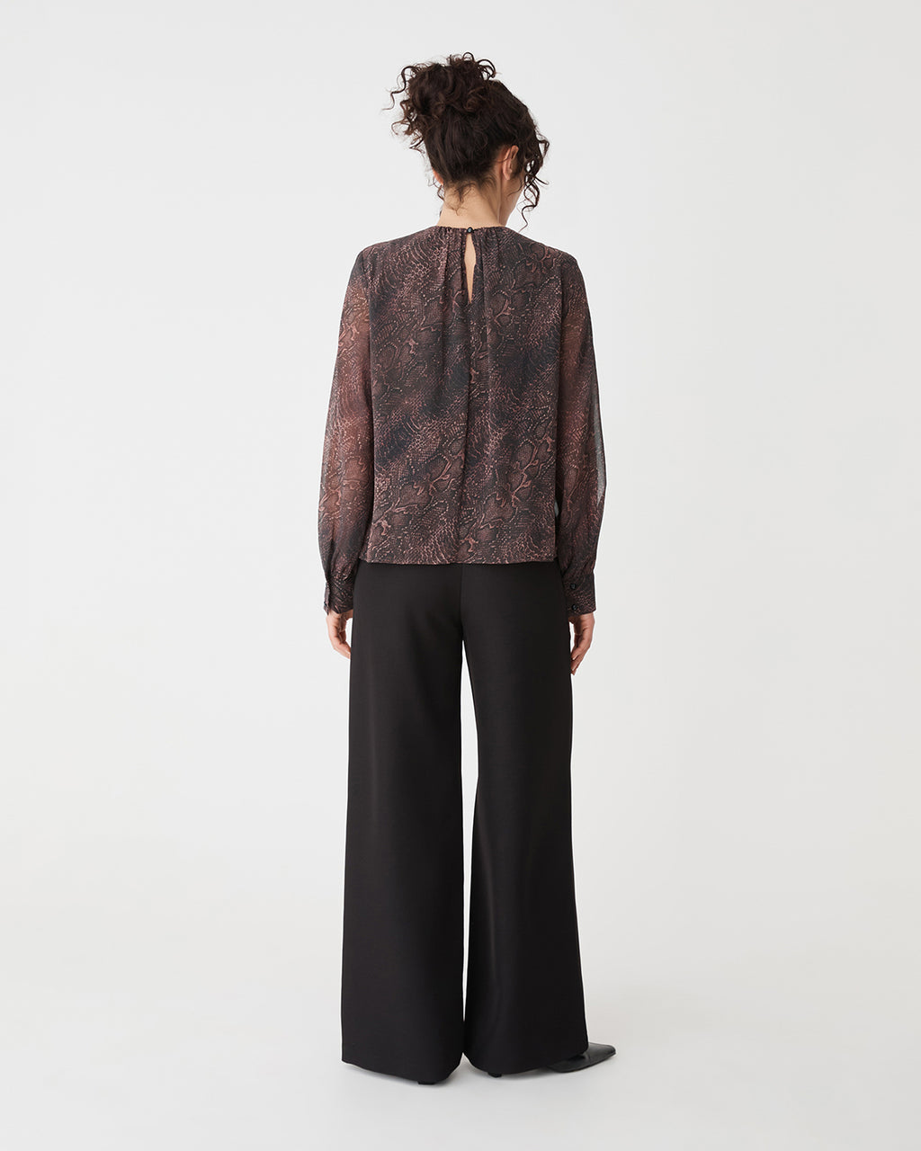 Sonia Gathered Neck Top in brown snake — back view