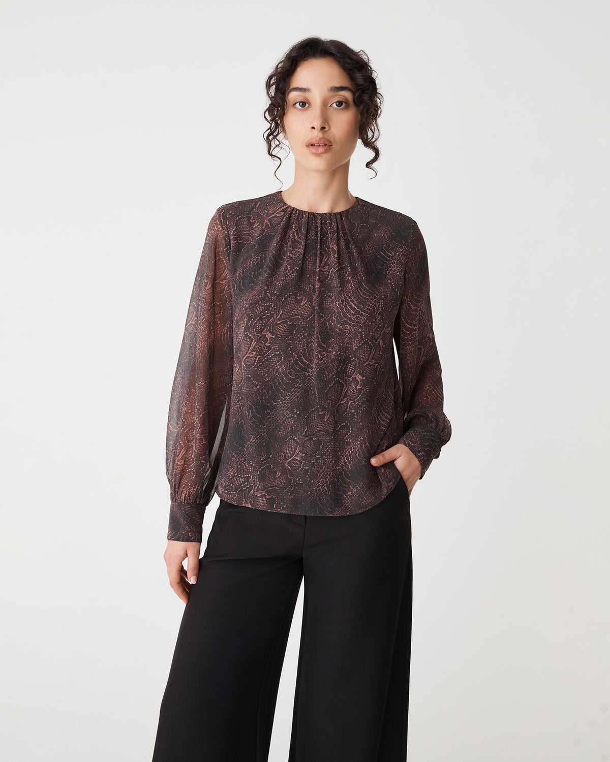 Sonia Gathered Neck Top in brown snake — close-up view