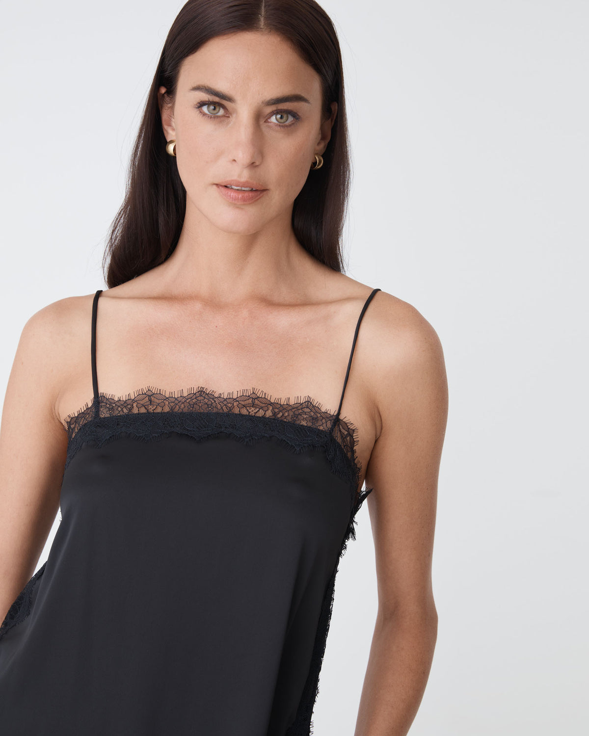Cleo Lace Trim Satin Camisole in black — fabric detail