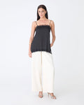Cleo Lace Trim Satin Camisole in black — full-length view