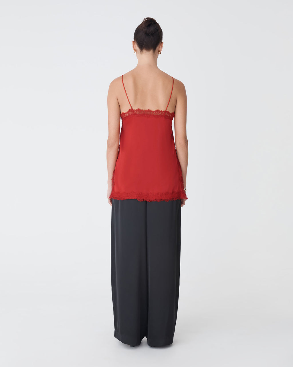 Cleo Lace Trim Satin Camisole in scarlet — back view