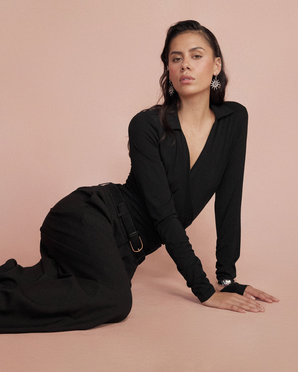 Solene Bamboo Wrap Top in black — alternate view