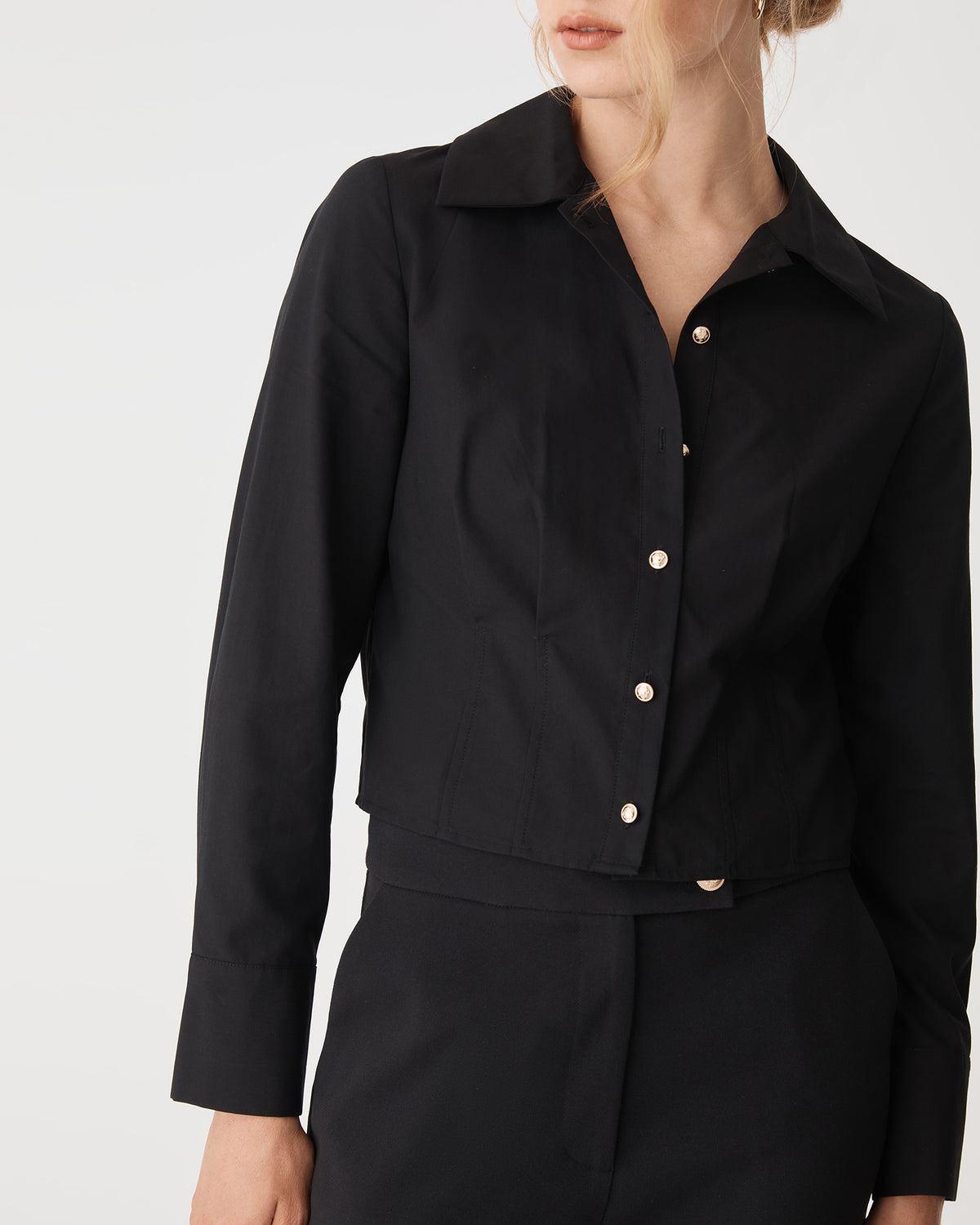 Gabby Pleated Hem Shirt in black — fabric detail