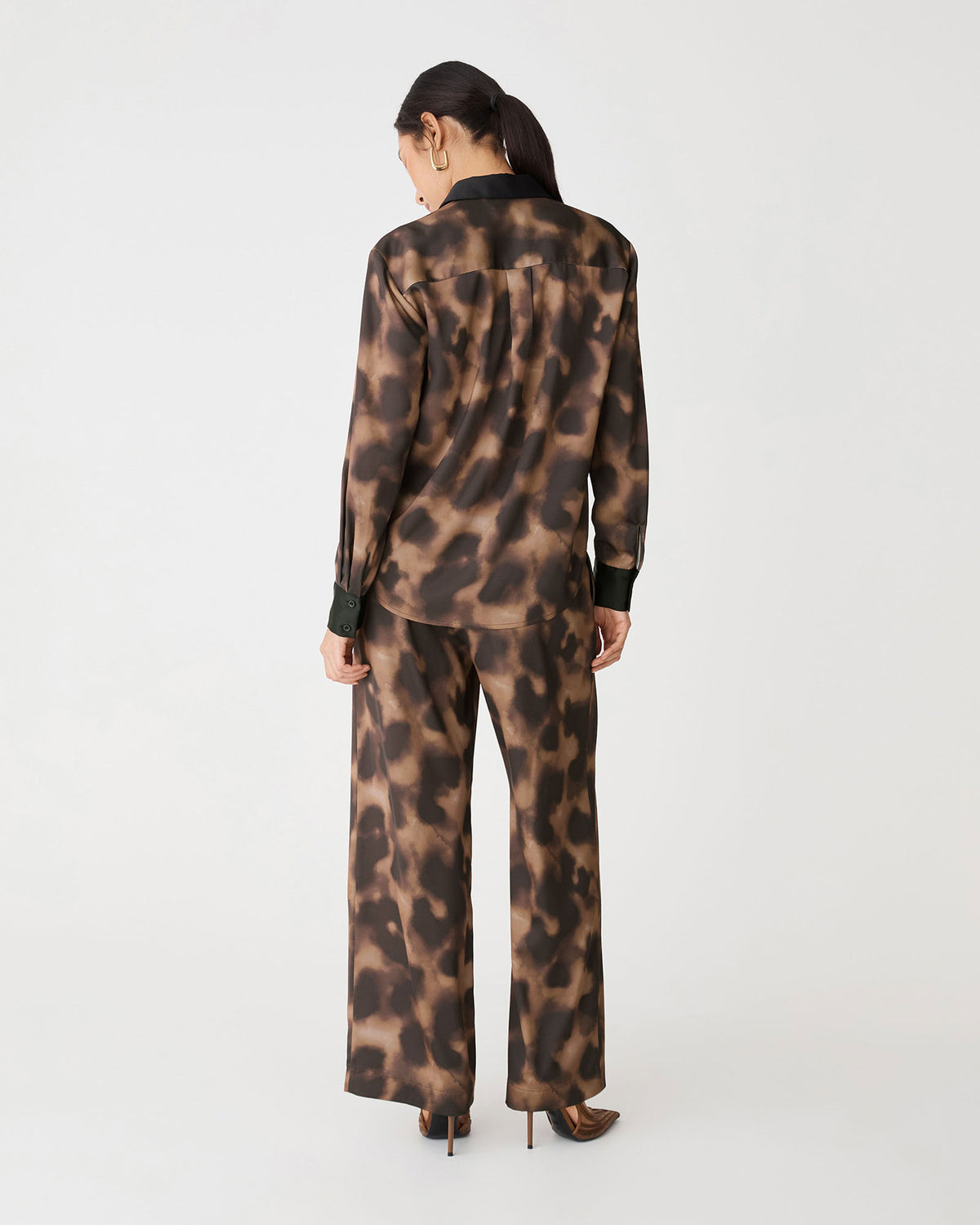 Savanna Printed Satin Shirt in brown abstract — back view