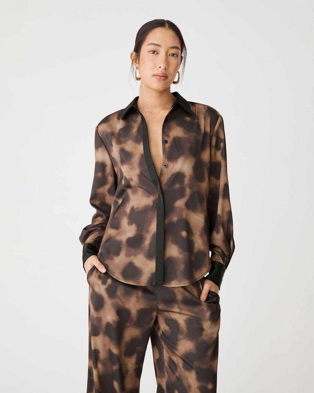 Savanna Printed Satin Shirt in brown abstract — close-up view