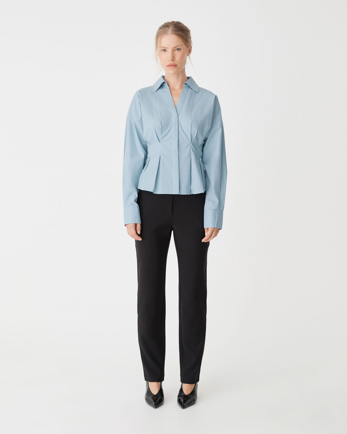 Billie Pleat Waist Shirt in dusty blue — full-length view
