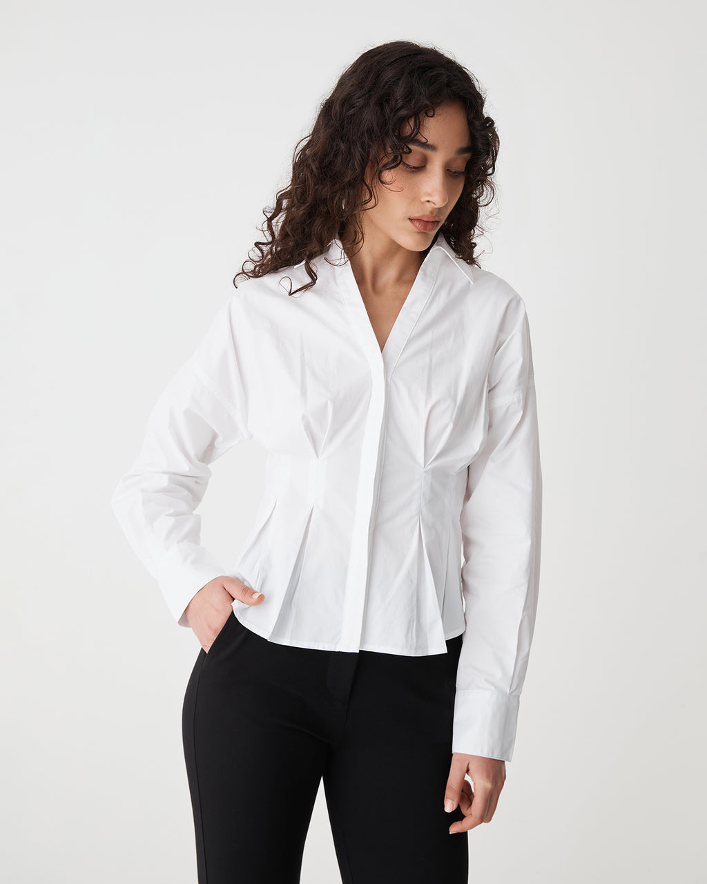 Billie Pleat Waist Shirt in white — close-up view