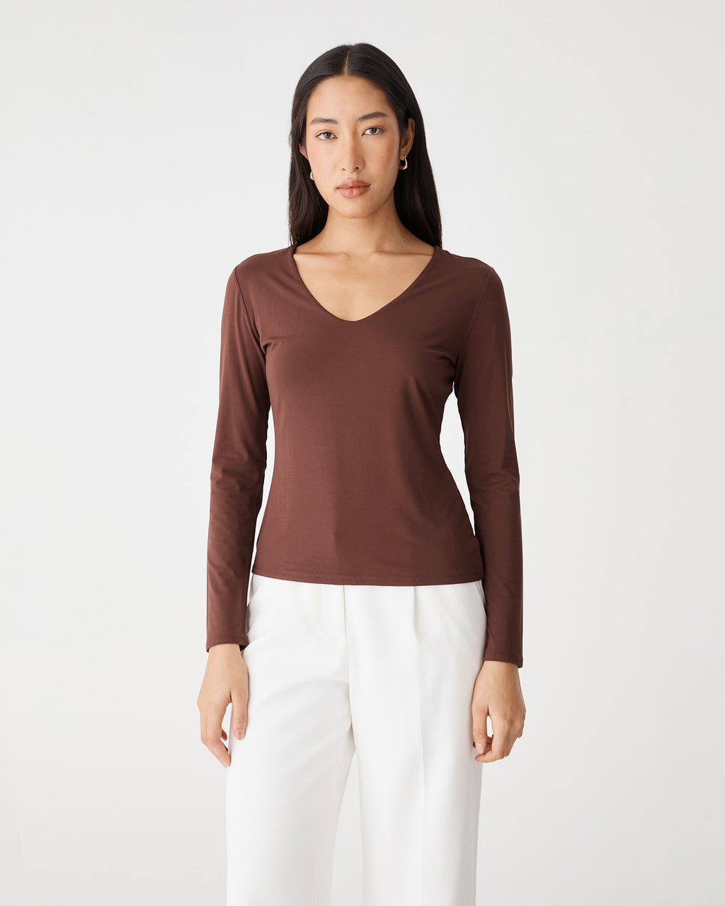 Isla V-Neck Bamboo Top in chocolate — close-up view