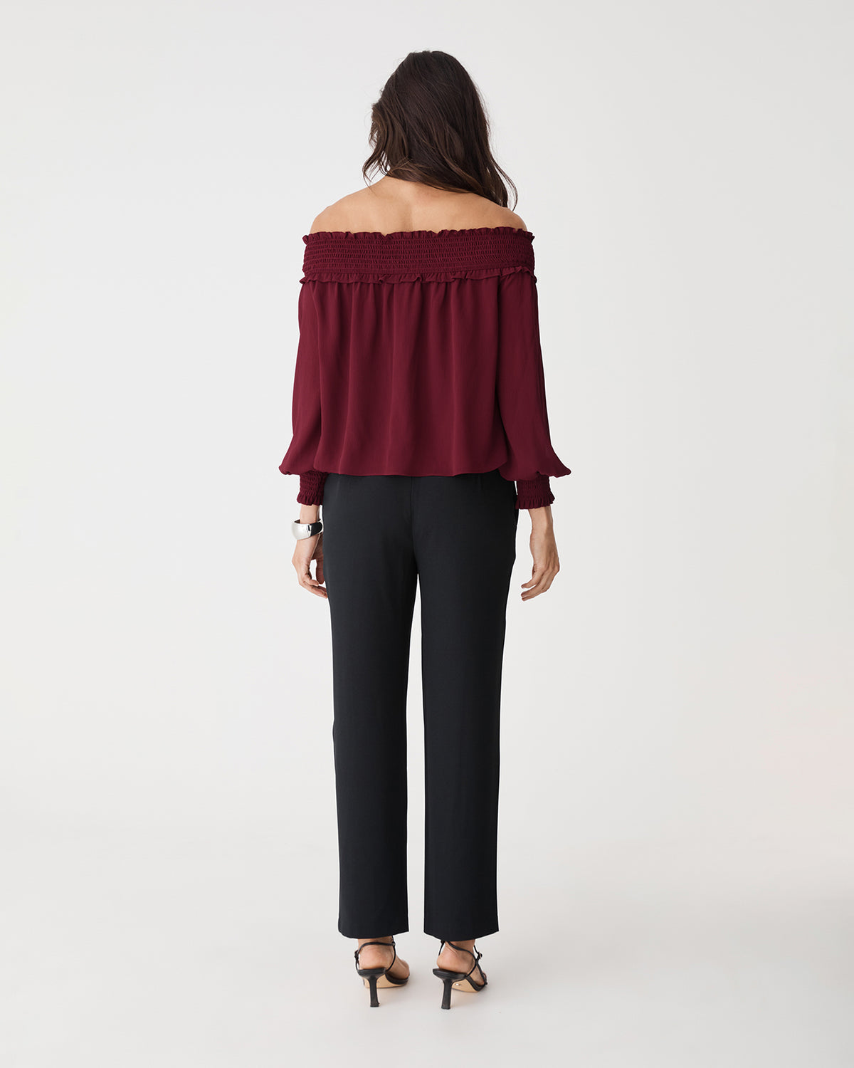 Lilly Off Shoulder Top in rhubarb — back view