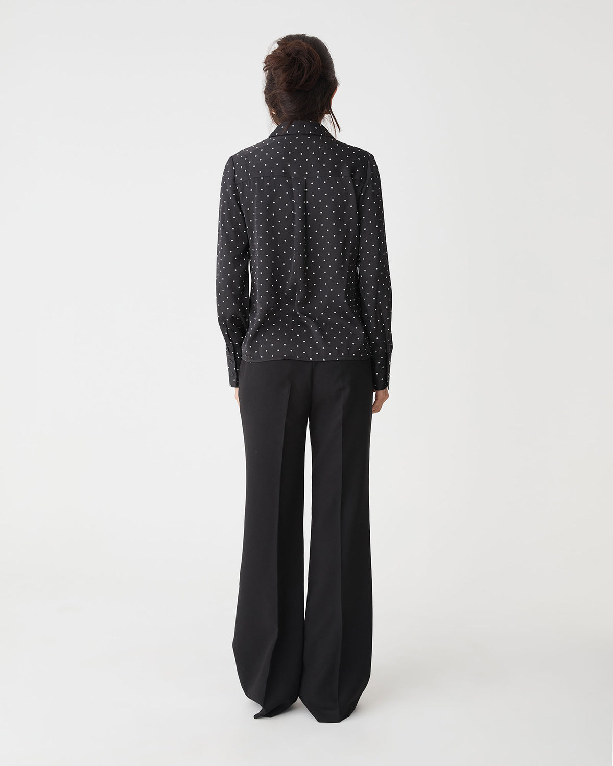 Courtney Satin Spot Shirt in black white dot — back view