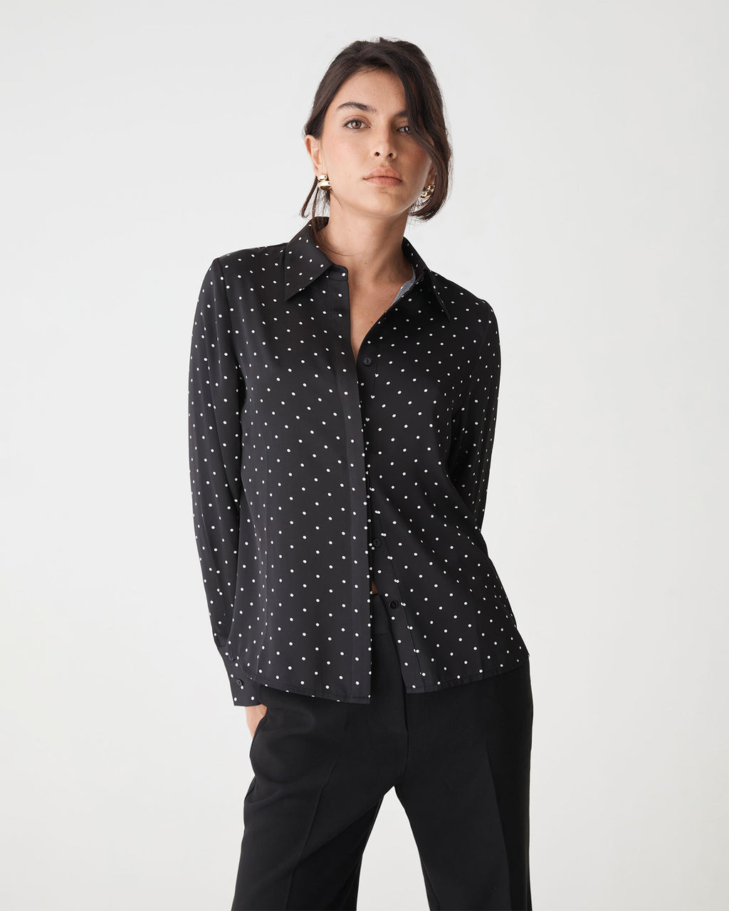 Courtney Satin Spot Shirt in black white dot — close-up view
