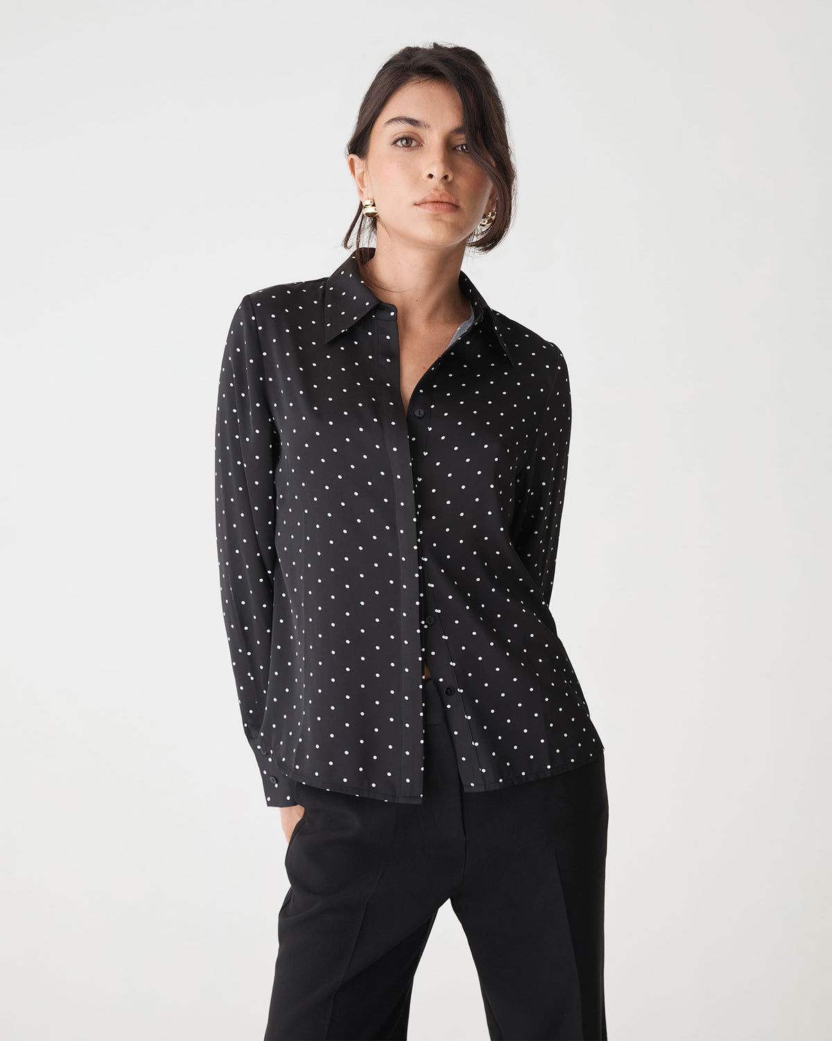 Courtney Satin Spot Shirt in black white dot — close-up view
