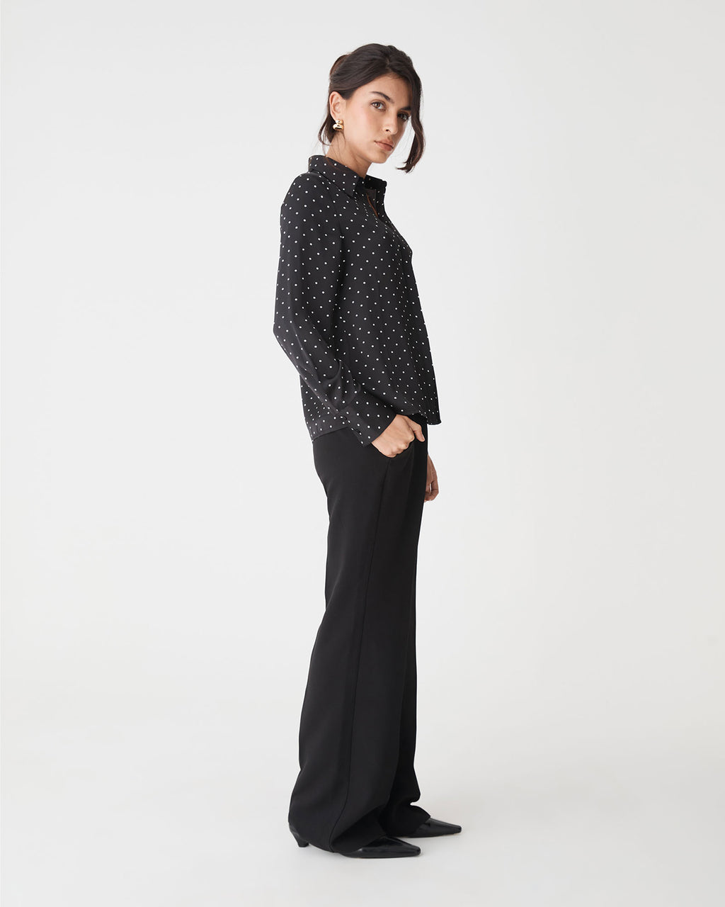 Courtney Satin Spot Shirt in black white dot — side view