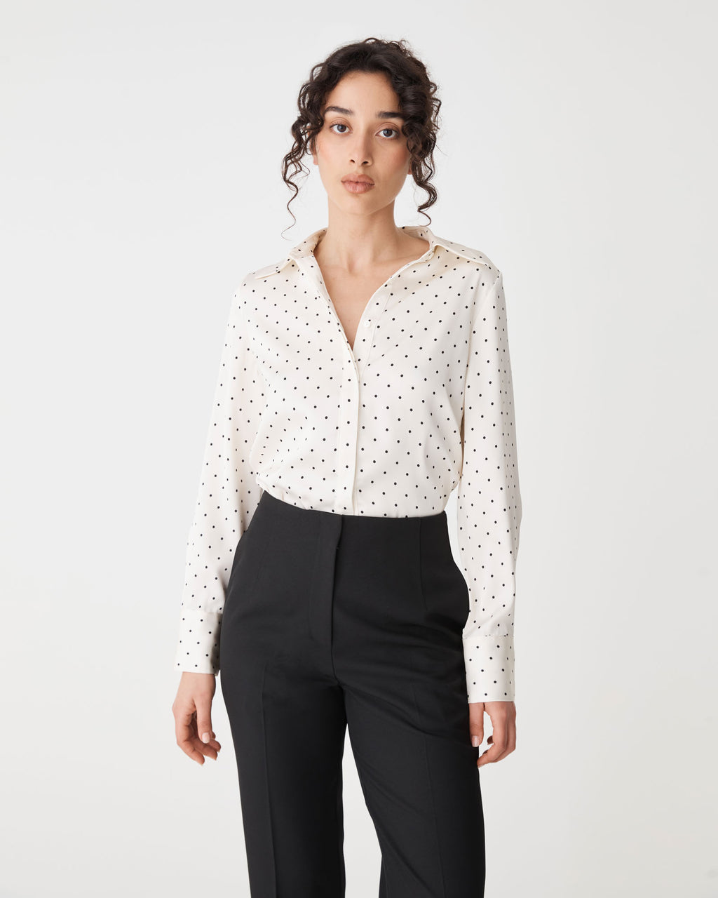 Courtney Satin Spot Shirt in ivory black dot — close-up view