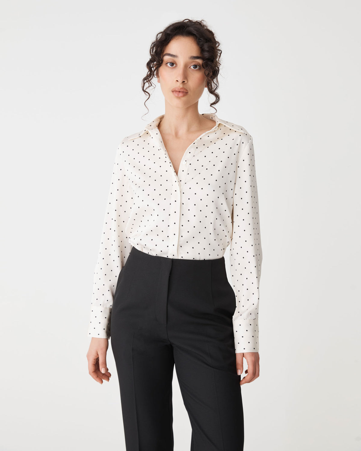 Courtney Satin Spot Shirt in ivory black dot — close-up view
