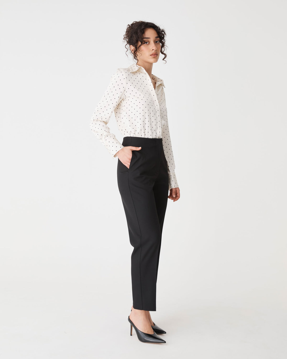 Courtney Satin Spot Shirt in ivory black dot — side view