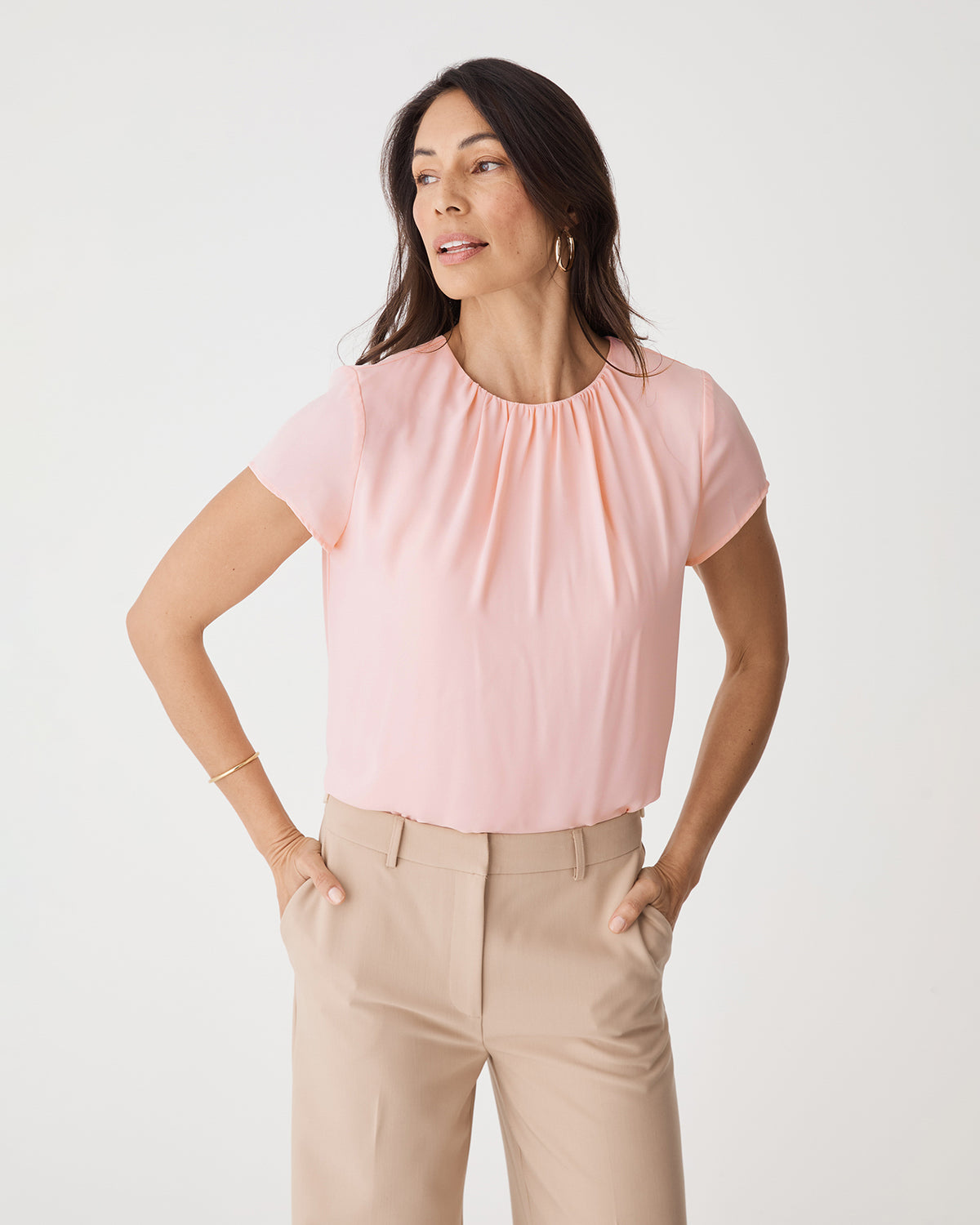 Angela Gathered Neck Top in petal pink — close-up view