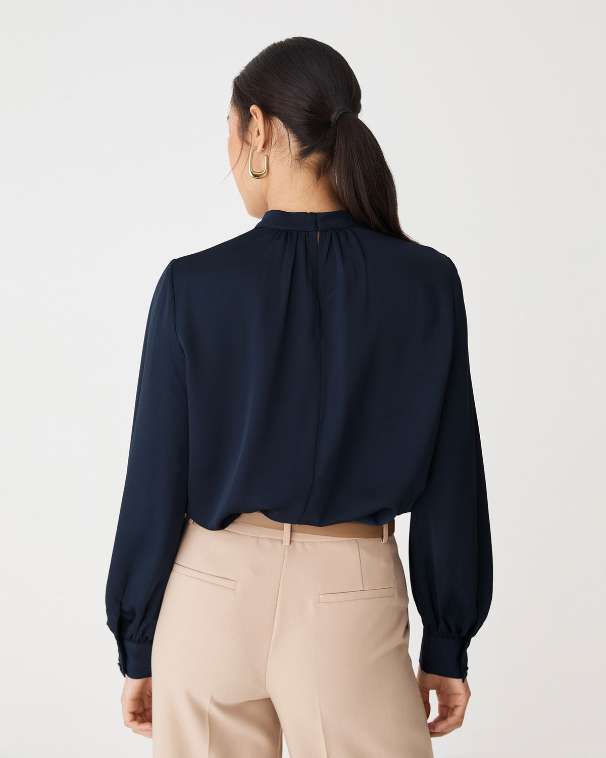 Celene Gathered Neck Top in french navy — back view