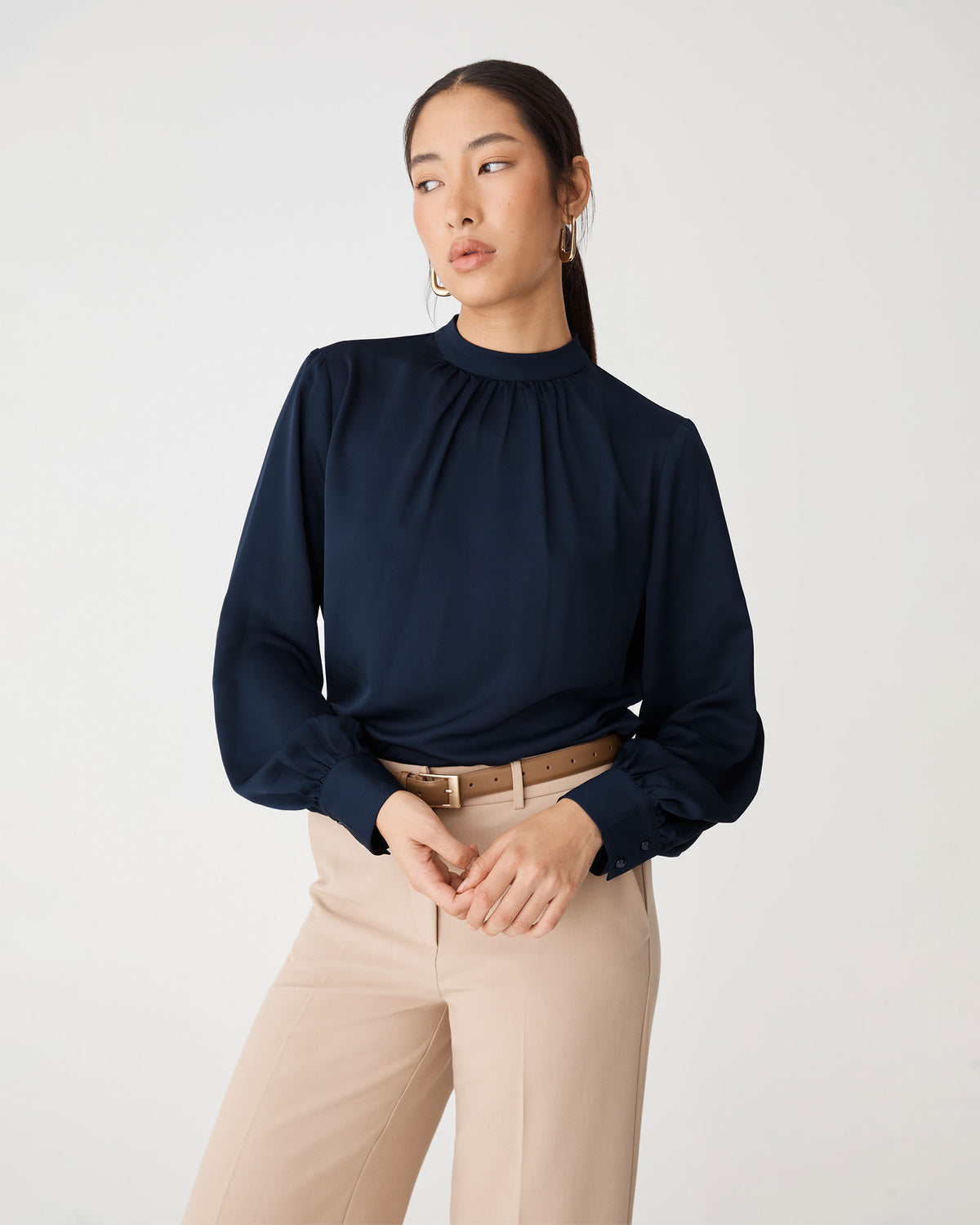 Celene Gathered Neck Top in french navy — close-up view 2