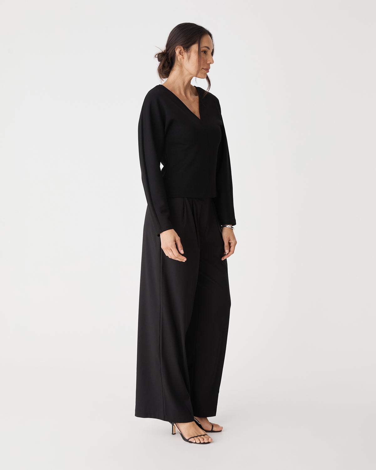 Tate V-Neck Dolman Sleeve Top in black — side view