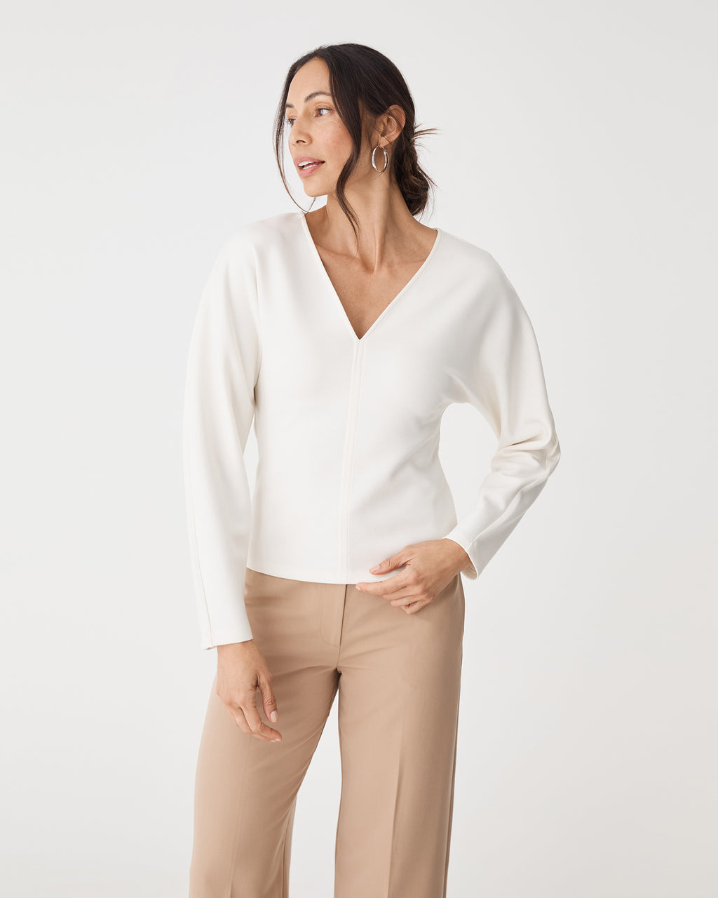 Tate V-Neck Dolman Sleeve Top in cream — close-up view