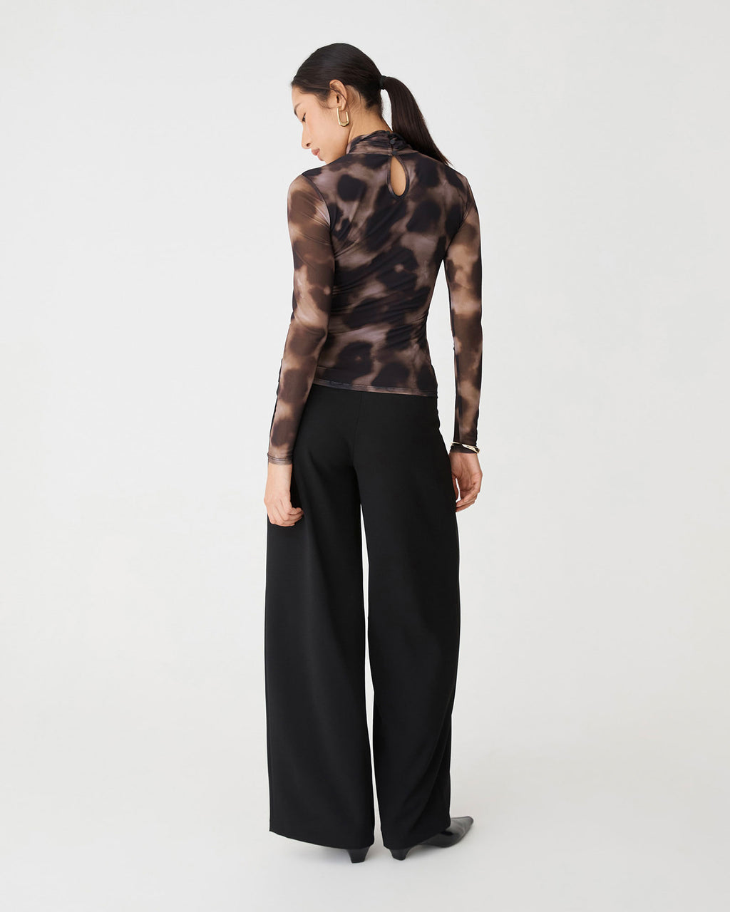 Savanna Printed Mesh Top in brown abstract — back view