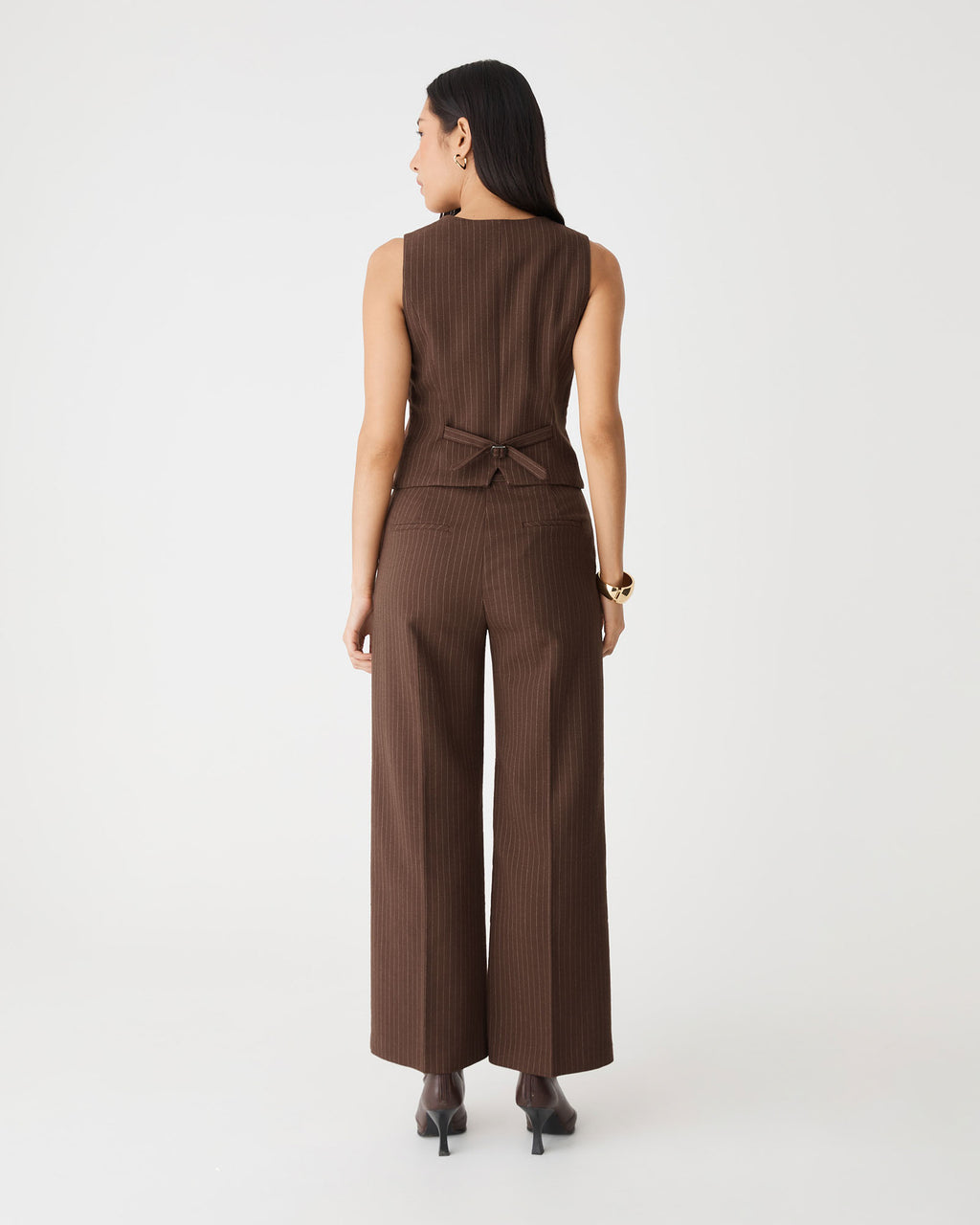 Zara Pinstripe Vest in chocolate pinstripe — back view