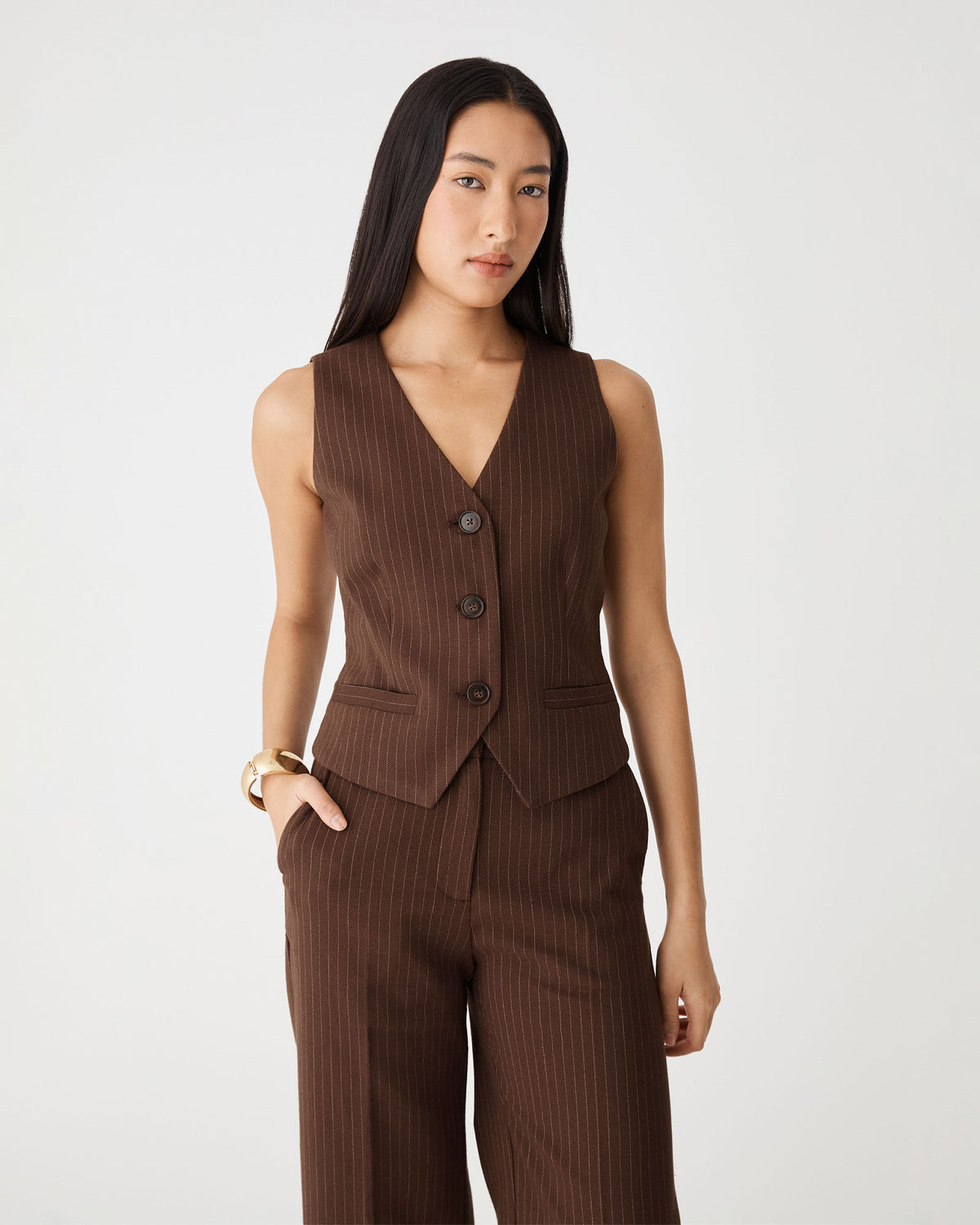 Zara Pinstripe Vest in chocolate pinstripe — close-up view