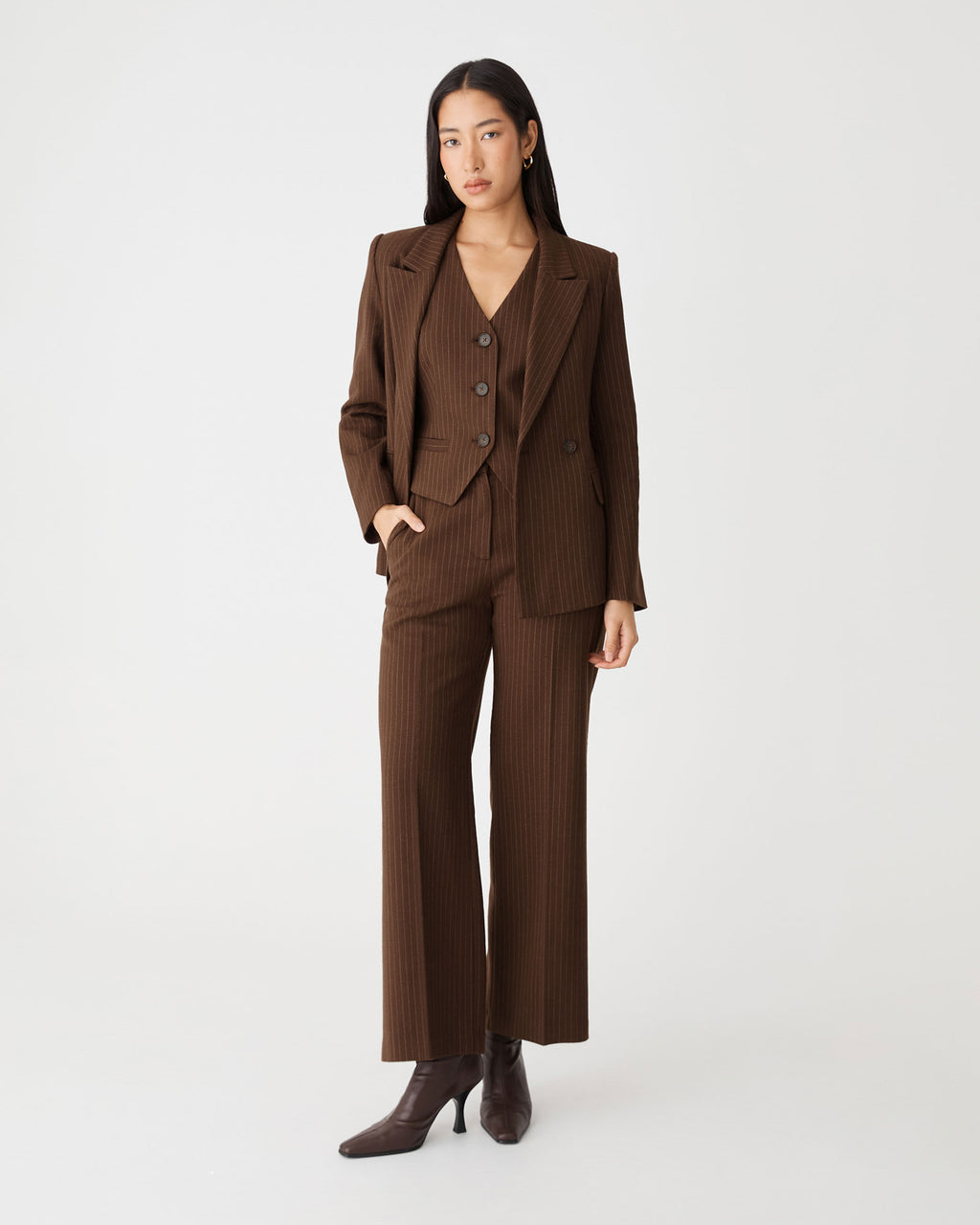 Zara Pinstripe Vest in chocolate pinstripe — full-length view 2