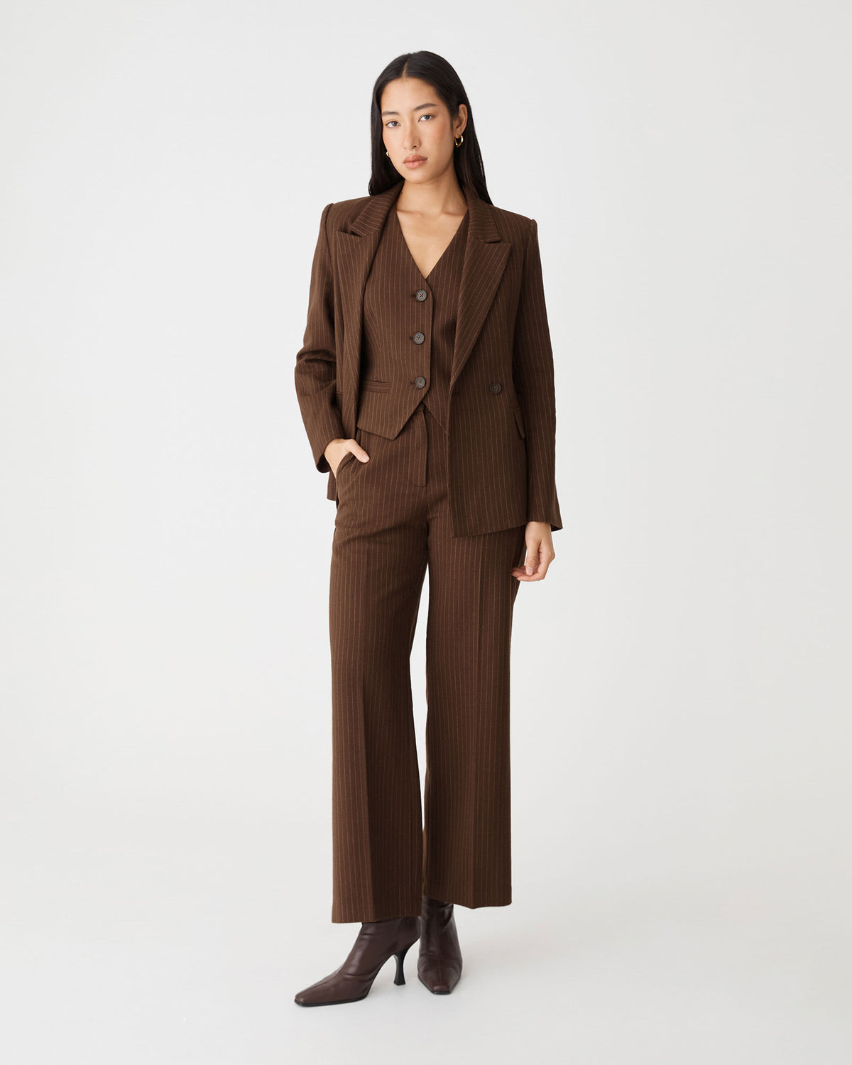 Zara Pinstripe Vest in chocolate pinstripe — full-length view 2