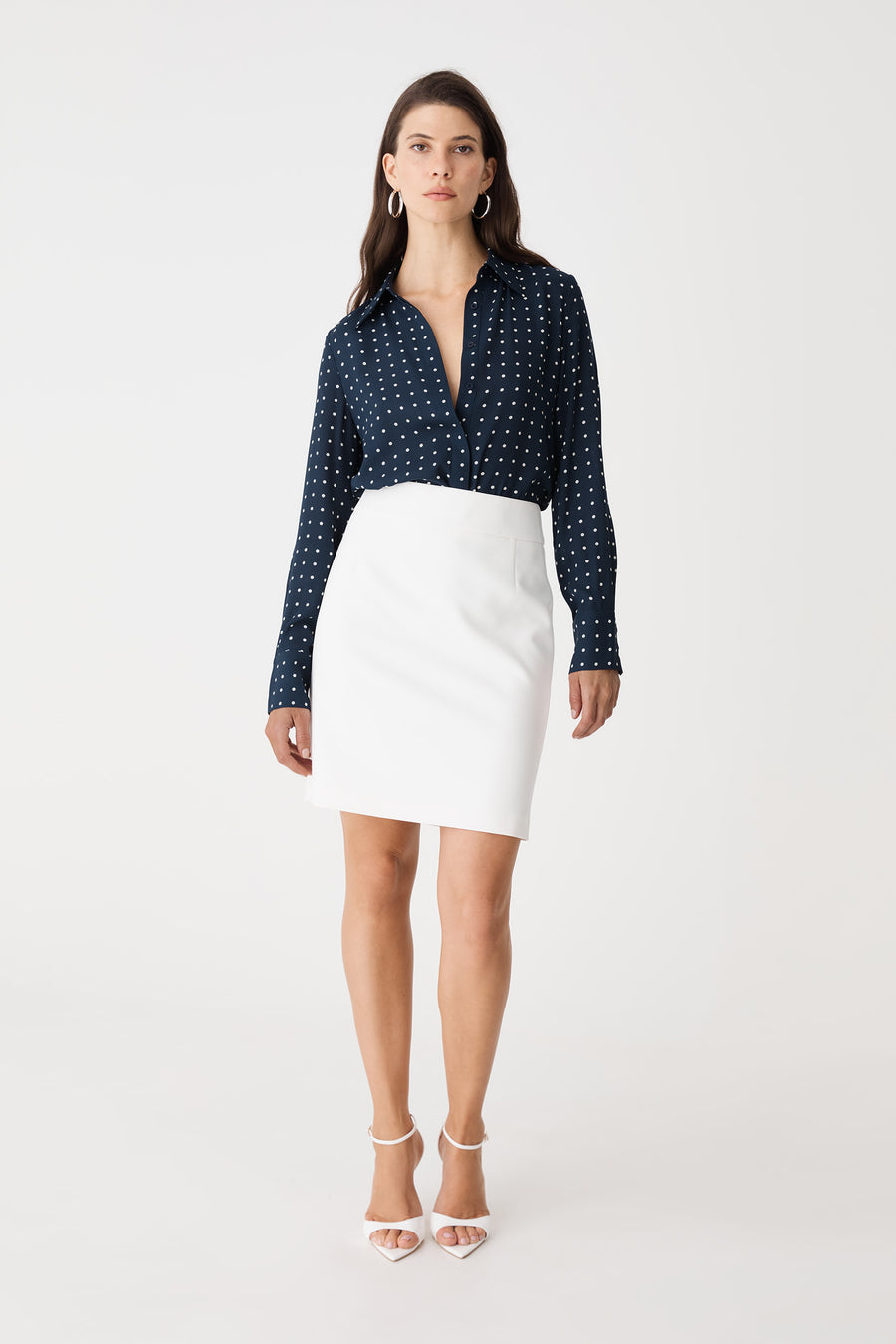 Danielle Spot Shirt in navy with white polka dot print, front view, worn with a white skirt