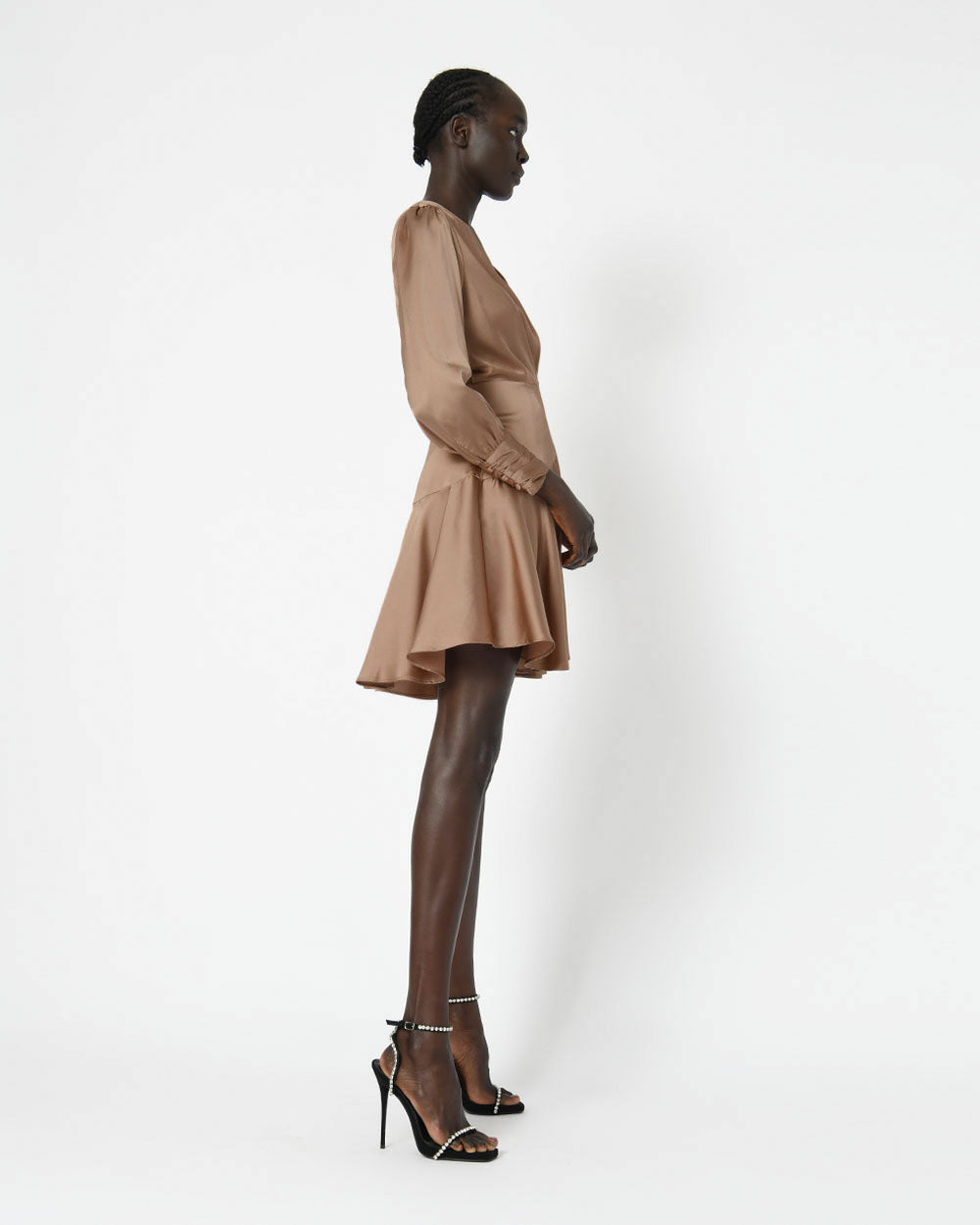 Penny Long Sleeve Wrap Dress in bronze — side view