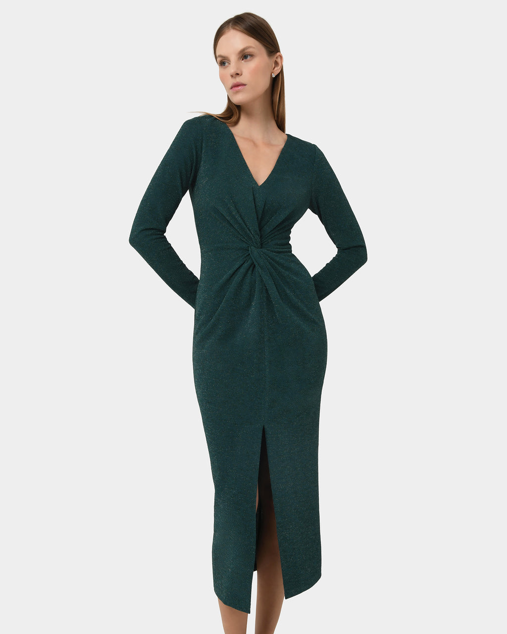 Giada Twist Knit Glitter Dress in green — close-up view